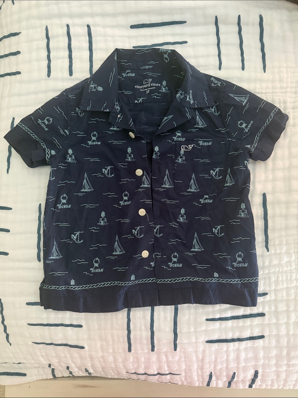 Vineyard Vines Navy & Light Blue Sailboat Print Kids Button-Down Shirt 3T